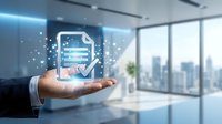 Businessman hand presenting digital document icon with data particles in modern office environment for business technology solutions.