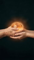 Older adult male and younger person with lighter skin tone holding glowing golden orb together against dark background, symbolizing knowledge transfer, mentorship, wisdom sharing, and intergenerational connection for educational or business concepts.