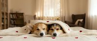 Two adorable Shiba Inu puppies cuddling under cozy blanket on bed with rose petals in warm sunlit bedroom interior for romantic pet photography.