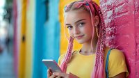 Young woman with pink braided hair and yellow t-shirt smiling while using smartphone against colorful wall background. Modern urban lifestyle and social media concept.