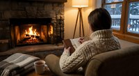 Woman in cozy sweater reading book by fireplace with warm lighting creating peaceful winter evening atmosphere for relaxation and comfort concepts.