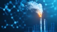 Industrial smokestacks emit smoke against urban skyline silhouette with connected molecule structure and bokeh lights in blue technological background.