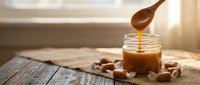 Creamy caramel sauce dripping from wooden spoon into glass jar on rustic table with scattered caramel candies in warm sunlight for dessert recipes.