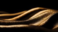 Flowing golden waves with sparkling glitter particles on black background create luxurious abstract design pattern for elegant backgrounds and festive decorations.