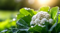 Fresh white cauliflower head with water drops on green leaves in morning sunlight. Natural organic vegetable growing in garden, macro photography.