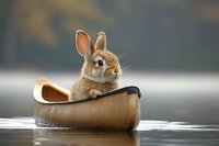 Adorable brown rabbit sitting in miniature wooden canoe on calm water against blurred natural background, creating whimsical outdoor scene.