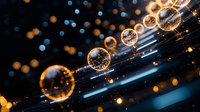 Glowing golden spheres with light trails floating in dark space, magical bokeh effect creates mystical atmosphere against black background.
