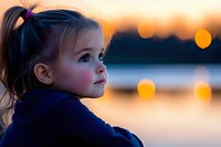 Young girl with ponytail gazes thoughtfully at sunset, warm bokeh lights create dreamy atmosphere against water backdrop. Peaceful childhood moment captured at dusk.