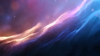 Ethereal cosmic waves with glowing particles in pink and blue colors create magical atmospheric background with shimmering light effects and bokeh elements.