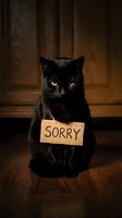 Black cat sitting on wooden floor wearing sorry sign around neck expressing guilt and apology for misbehavior in warm indoor lighting.