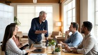 Middle-aged Caucasian male professional leading business meeting with diverse team of four colleagues in modern office setting with natural light, wooden elements, and plants for corporate training and teamwork concepts.