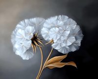 Delicate white dandelion seed heads with golden stems and leaves against dark moody background, showcasing intricate natural patterns and soft ethereal texture.
