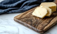 Fresh butter slices on rustic wooden cutting board against marble countertop with blue linen napkin, minimalist food composition for cooking and dairy.