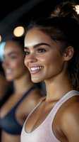 Happy young mixed-race woman smiling during fitness workout at gym with friend in background. Active lifestyle and wellness concept for health promotion.