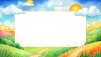 Watercolor landscape frame with rolling hills, sunny sky and clouds. Blank white space for text or design. Nature border template for presentations and cards.
