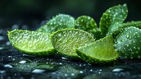 Fresh lime wedges with water drops on dark background, macro shot showing citrus texture and juicy pulp segments in vibrant green color for food and beverage concepts.