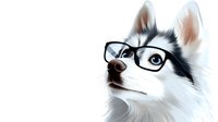 Husky dog wearing black-rimmed glasses looking upward with attentive expression against white background, isolated digital art for creative projects.