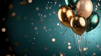 Festive balloon bouquet with gold and black balloons floating against teal background with confetti and bokeh lights for celebration events.