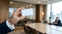 Businessman holding blank white business card in modern office conference room with colleagues meeting in background and city skyline view through windows.