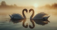 Pair of swans forming heart shape on misty lake at sunrise, romantic reflection in calm water creates symmetrical silhouette against golden morning light.