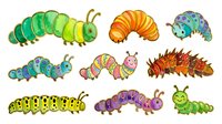 Caterpillar larva insects isolated on white background, colorful cartoon style creatures with segmented bodies and antennae, suitable for children's educational materials, stickers, and design projects.