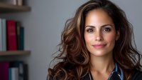 Professional young Hispanic woman with wavy brown hair smiling confidently in modern office environment with bookshelf background for business content.