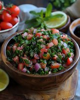 Fresh tabbouleh salad with chopped parsley, tomatoes, onions and mint in rustic ceramic bowl, served with lime wedges and cherry tomatoes on wooden surface.