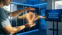 Young male professional demonstrating digital security shield hologram with glowing golden light effects in modern office environment with cityscape view and innovative security solutions signage.