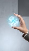 Businessman hand holding glowing holographic sphere with geometric network connections representing digital transformation and futuristic technology concepts.