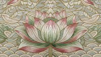 Vintage lotus flower embroidery pattern with ornate decorative elements on textured fabric background, seamless design for textile and wallpaper applications.