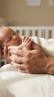Tender moment of father holding newborn baby's tiny hand in nursery room with soft natural lighting and white crib in background for family concepts.