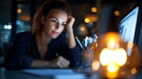 Young woman working late at night on computer with warm candlelight, looking tired while writing notes in dimly lit home office environment.