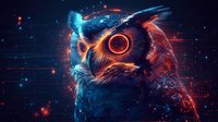 Mystical owl portrait with glowing orange eye and neon blue effects against dark background, featuring digital particle effects and futuristic artistic style.