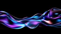 Luminous flowing waves in neon purple, blue and pink colors against black background create dynamic abstract composition with smooth glossy texture.