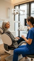 Senior Caucasian woman patient consulting with female dentist in modern dental office during routine checkup appointment.