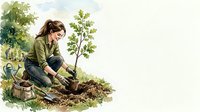 Young woman planting tree sapling in garden soil with gardening tools, environmental conservation and reforestation concept for Earth Day campaigns.