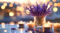 Fresh lavender bouquet in glass jar surrounded by glowing candles against blurred golden bokeh lights creating romantic spa atmosphere at dusk.