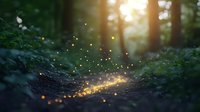 Magical forest path illuminated by glowing particles and golden sunbeams through trees creates mystical atmosphere in dark woods at sunset. Enchanted nature scene.