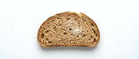 Slice of whole wheat bread with visible air pockets and dense crumb structure, isolated on white background for food and bakery design projects.