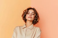 Young woman with short wavy brown hair and natural makeup smiling confidently against peach colored background wearing beige button-up shirt, expressing joy and satisfaction.