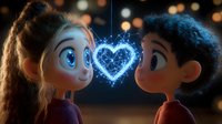 Young couple gazing at glowing blue heart shape between them, romantic animated characters with big expressive eyes against dark bokeh background.