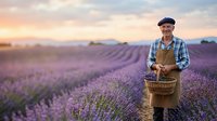 Middle-aged man with light skin tone wearing flat cap, plaid shirt and apron standing in blooming lavender field at sunset holding wicker basket. Agricultural worker harvesting aromatic flowers in rural countryside landscape.