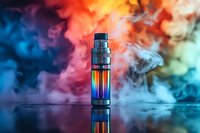 Electronic vaping device with colorful smoke clouds and mirror reflection on dark surface against vibrant blue and orange background with dramatic lighting.