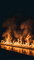 Dramatic flames and sparks rising from modern fireplace burner against dark background creating warm atmospheric lighting for interior design concepts.