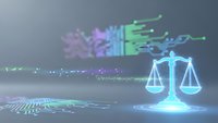 Digital justice scales with glowing circuit patterns and data streams representing legal technology and cyber law enforcement in modern jurisprudence.