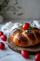 Fresh baked Easter bread decorated with red eggs and thyme sprigs on wooden board, surrounded by bright red eggs against marble background.