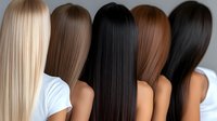 Diverse hair colors shown on five women wearing white shirts, displaying straight long hairstyles from platinum blonde to black, viewed from behind. Perfect for beauty salon ads.