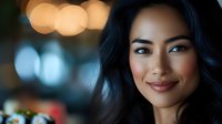Professional Asian businesswoman with warm smile and dark wavy hair in modern office setting with bokeh lights background for corporate marketing materials.