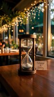 Vintage hourglass with patience and timing note on wooden table in cozy restaurant with warm string lights creating atmospheric bokeh background for mindfulness concepts.