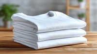 Stack of neatly folded white cotton t-shirts on wooden table against blurred home interior background with green plants.